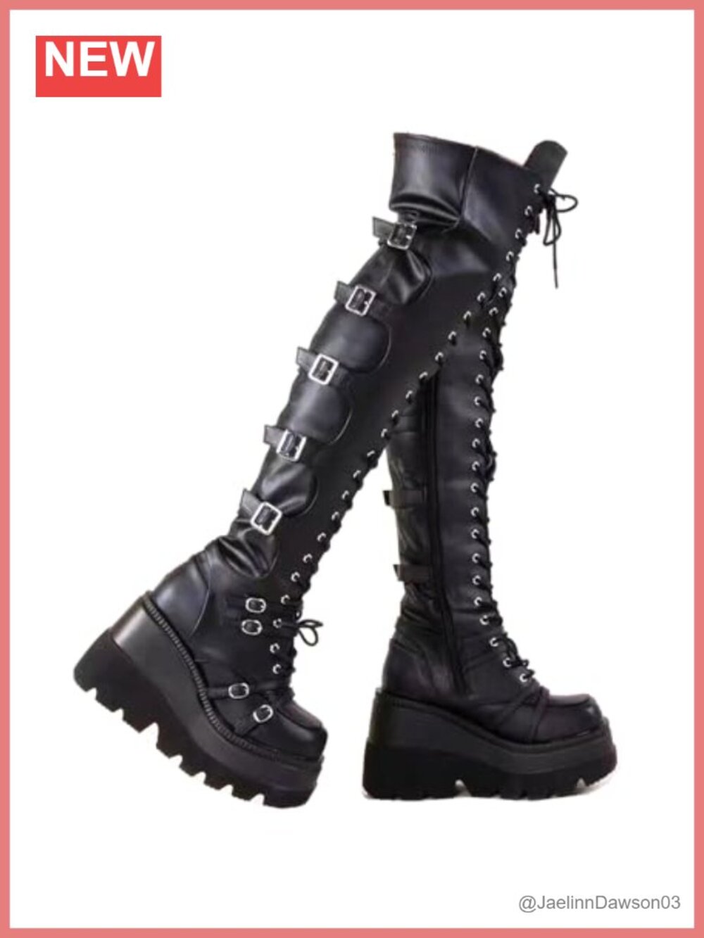 Goth Platform Over Knee Thigh High Boots Chunky Heel Side Zip Lace Faux Leather